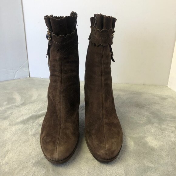 Belle Brown Suede Heeled Mid Calf Side Zip Boot Size 7 - Picture 3 of 16